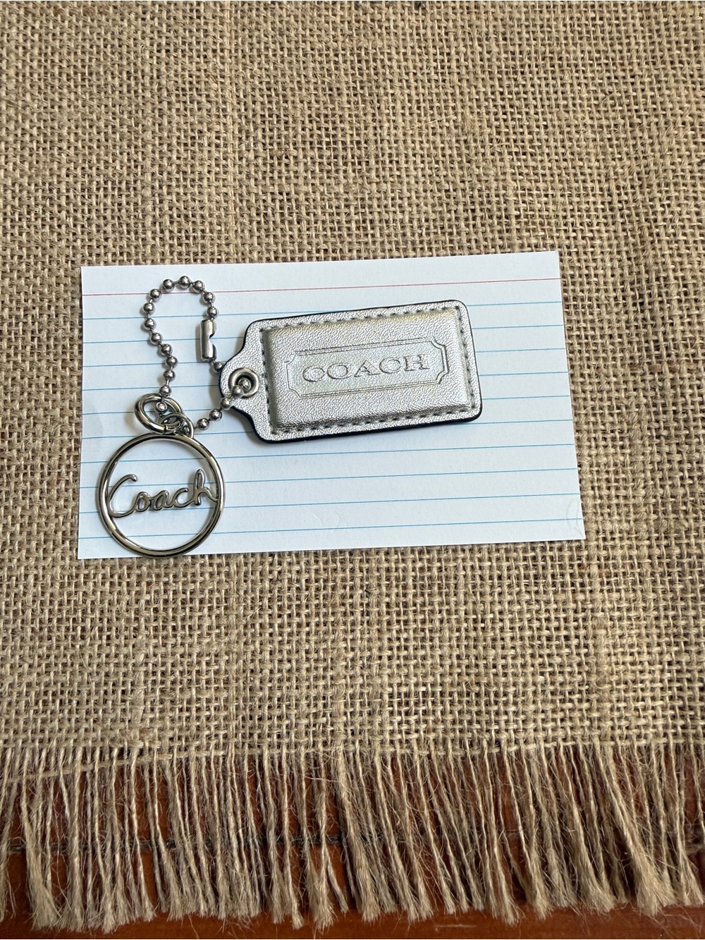 Coach Metallic Silver Leather Tag Keyring